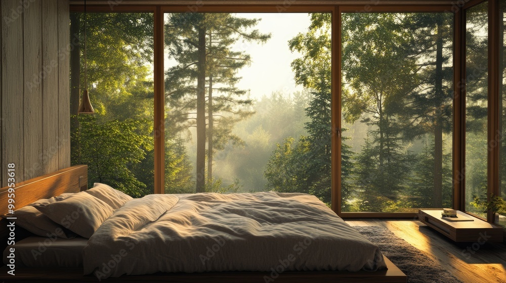 Serene, natural bedroom decor with a cozy bed and a breathtaking view of trees through the window. Serene, natural bedroom decor with a cozy bed and a breathtaking view of trees through the window.