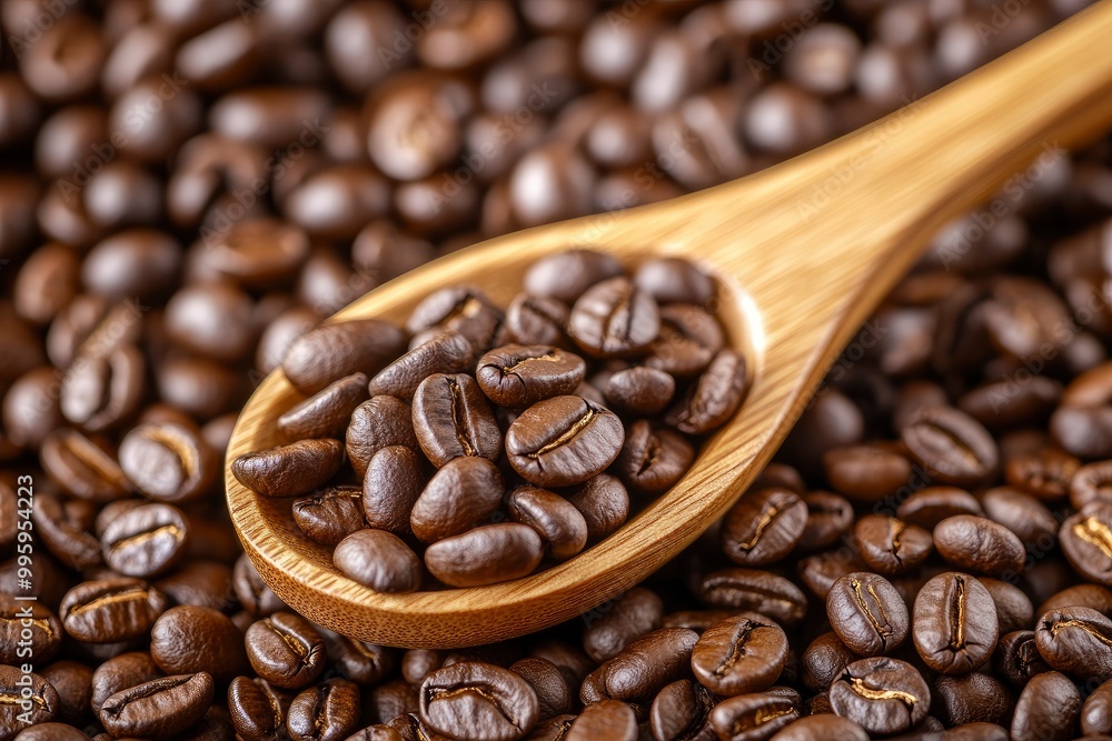 Fototapeta premium Coffee beans in a wooden spoon on a background of coffee beans wth generative ai