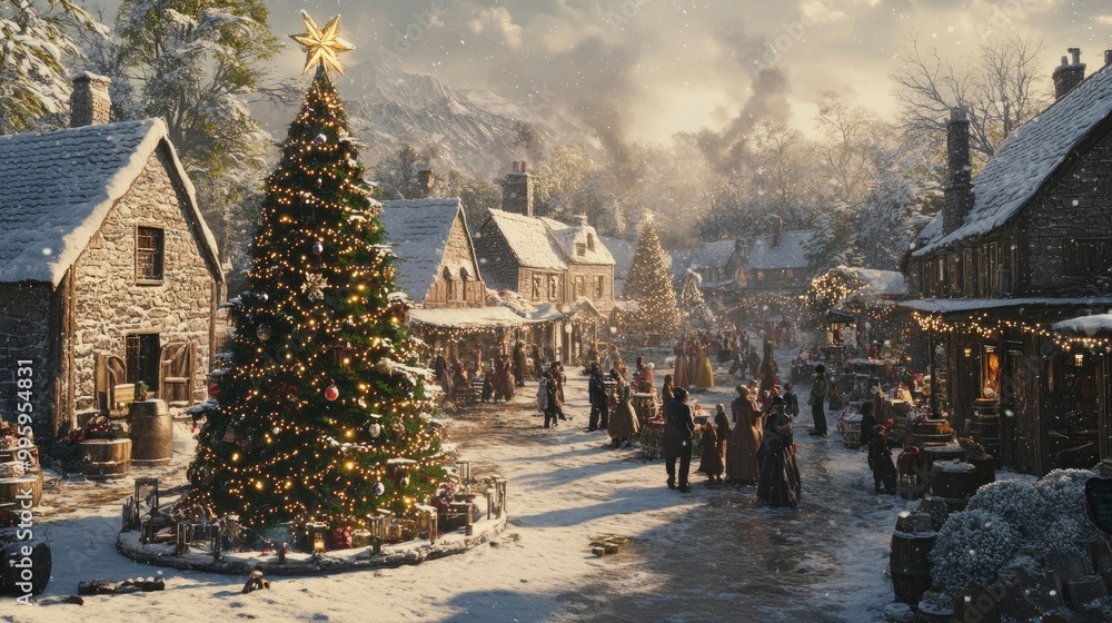 A festive holiday celebration in a snowy village, with families gathering around a decorated tree. A festive holiday celebration in a snowy village, with families gathering around a decorated tree.