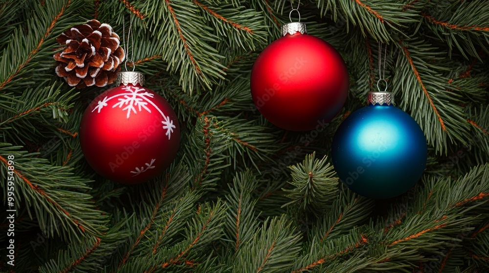 close-up of three christmas ornaments in red and blue on a green pine branch background with cones, capturing a traditional and festive holiday atmosphere, in vibrant and high-definition detail close-up of three christmas ornaments in red and blue on a green pine branch background with cones, capturing a traditional and festive holiday atmosphere, in vibrant and high-definition detail