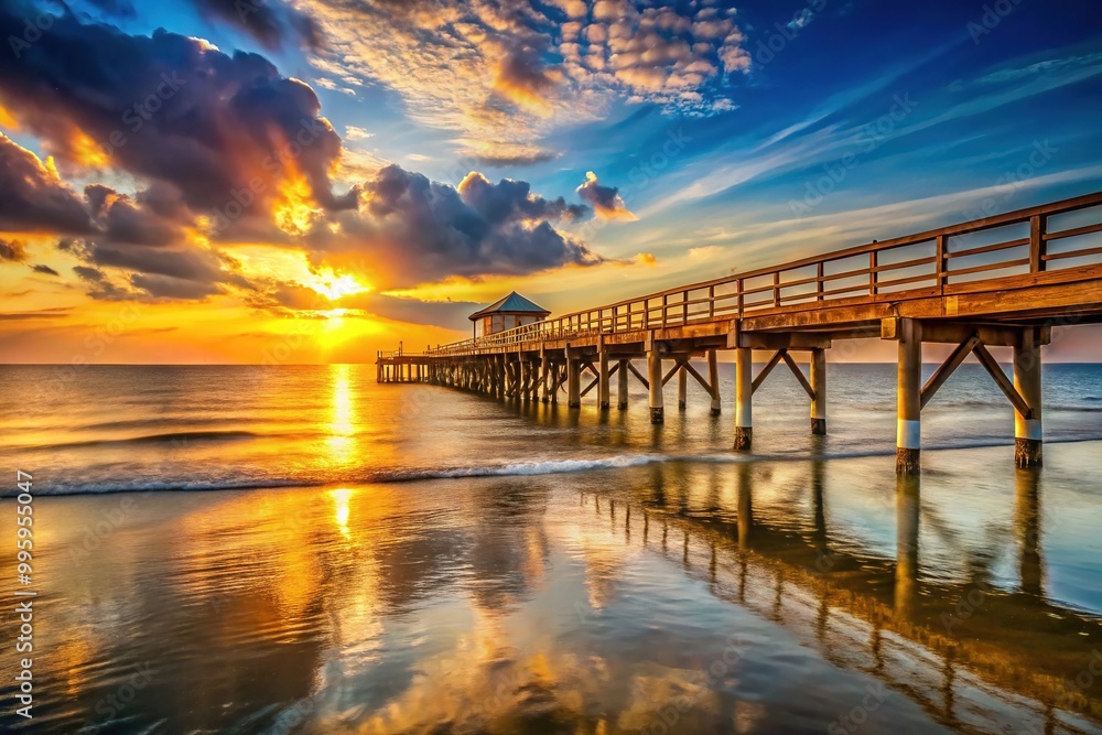 Fototapeta premium A stunning golden hour capture of a serene coastal scene featuring a rustic wooden pier stretching into the tranquil ocean waters.