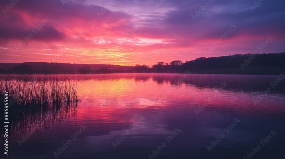 Naklejka premium A Serene Lake Reflecting a Vibrant Sunset Sky