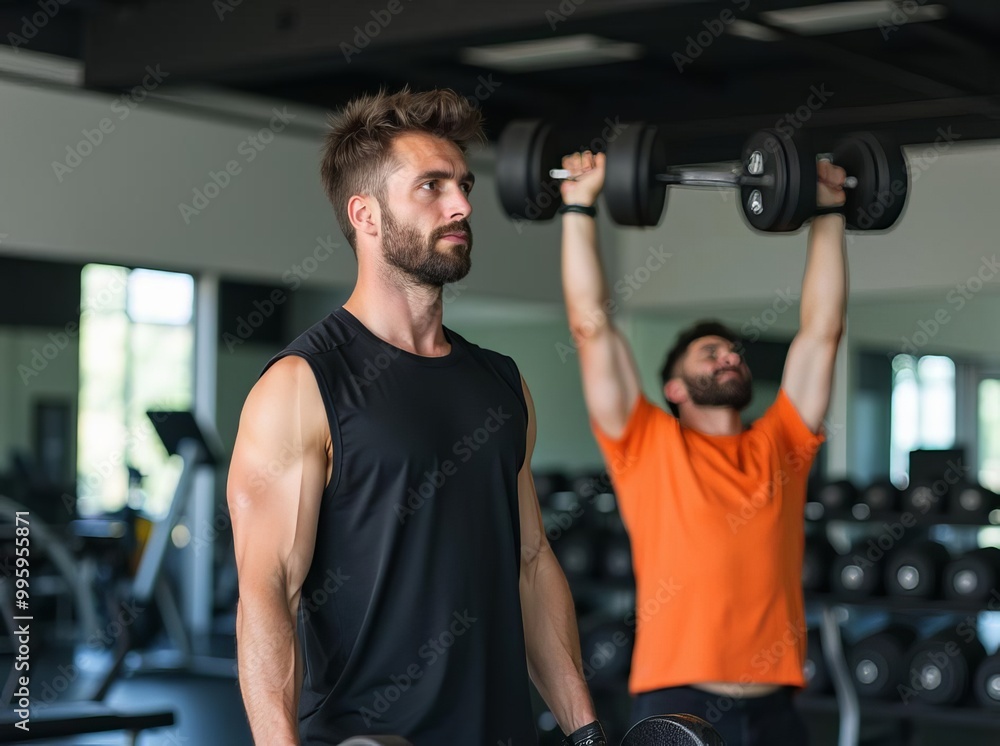 Men Working Out in Gym: Muscular Athletes Performing Strength Training Exercises with Professional Equipment Men Working Out in Gym: Muscular Athletes Performing Strength Training Exercises with Professional Equipment