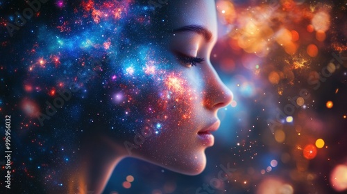 Woman's face with a colorful galaxy as her hair, against a sparkly background.