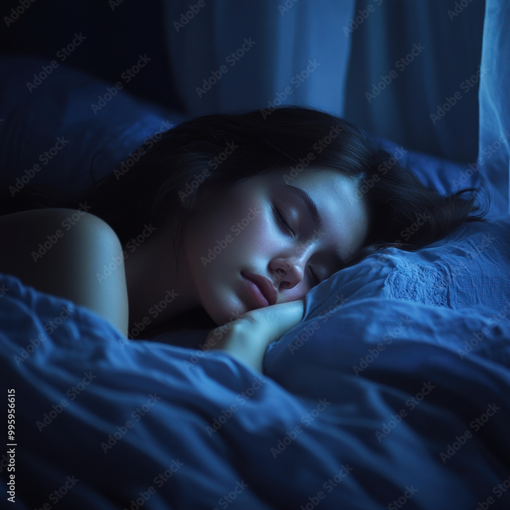 A tranquil night in a softly lit room with a young woman peacefully sleeping on a cozy bed draped in soft blue blankets A tranquil night in a softly lit room with a young woman peacefully sleeping on a cozy bed draped in soft blue blankets