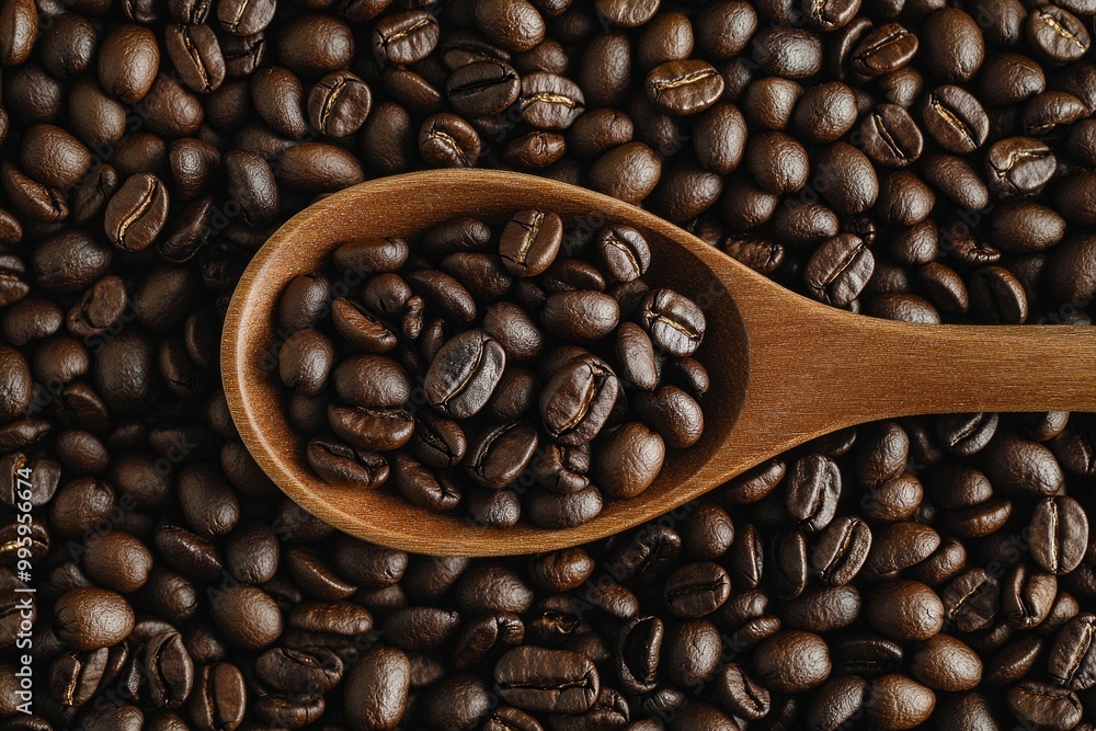 Fototapeta premium Coffee beans in a wooden spoon on a background of coffee beans wth generative ai