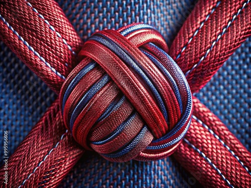 A triangular space forms where silk threads intersect, highlighting the intricate texture and dimension of a perfectly tied double Windsor knot. photo