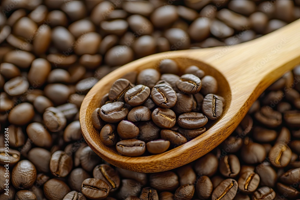 Obraz premium Coffee beans in a wooden spoon on a background of coffee beans wth generative ai