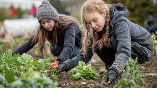 Two teenage girls working in a community garden, planting vegetables and learning about sustainable agriculture.