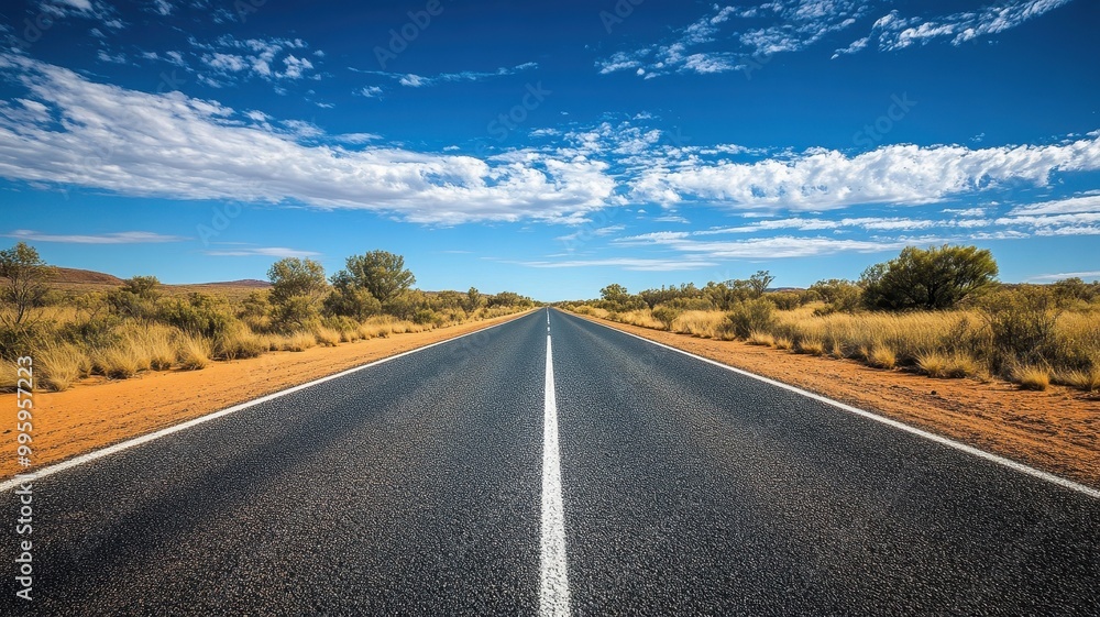 Endless open road through the desert landscape under a blue sky. Concept of travel, adventure, and freedom. Endless open road through the desert landscape under a blue sky. Concept of travel, adventure, and freedom.