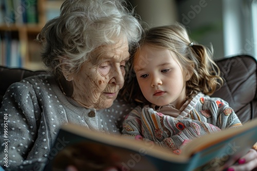 Grandmother Reading to Grandson on Couch: Cherished Family Moments and Intergenerational Bonding