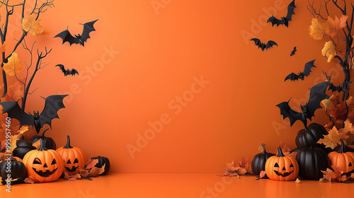 A spooky Halloween night scene featuring pumpkins, bats eerie background in an autumn setting