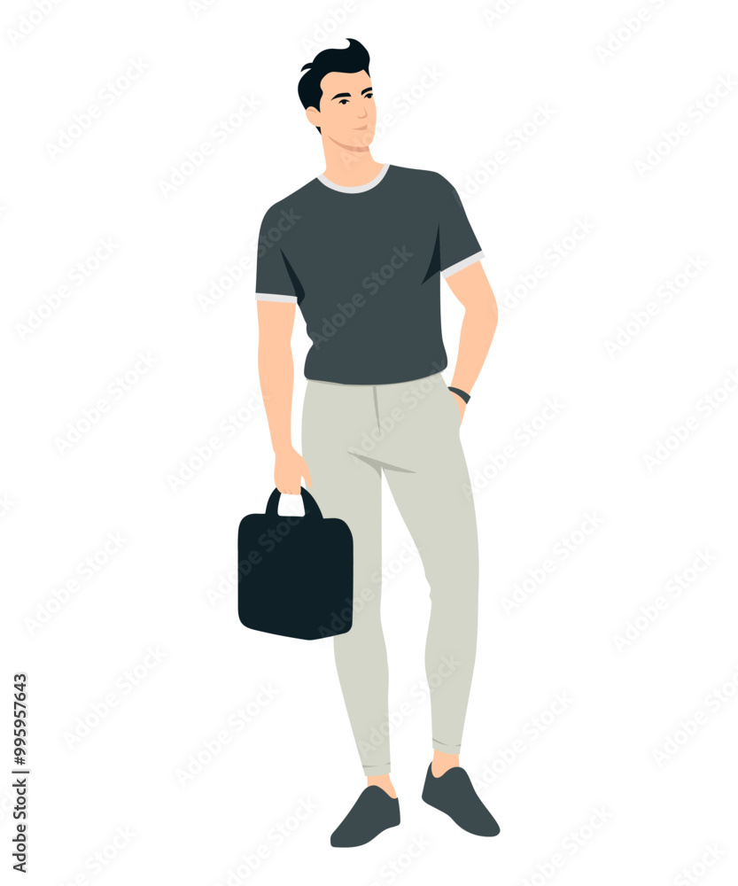 Vector illustration of a man in a dark t-shirt and beige pants with a bag Vector illustration of a man in a dark t-shirt and beige pants with a bag