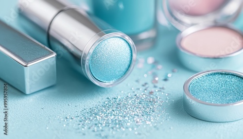 A close-up of shimmery Skylight Blue eyeshadow swatches paired with bold Cybergem lipsticks and Escapist Green highlighters, creating a modern contrast. photo