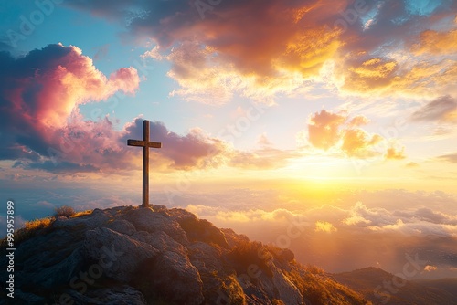 Cross of Jesus Christ in the sky with clouds. Christian easter. Conceptual religious symbol. Cross on top of a mountain, on a background of sky, clouds and beautiful sunset, with generative ai