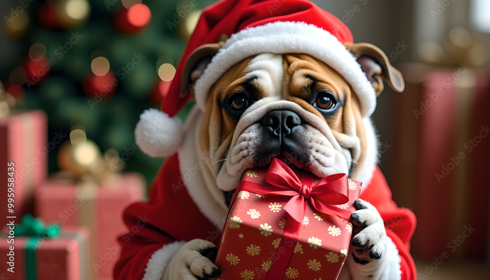 Charming English Bulldog in a Cheerful Santa Suit Holding a BigPresent in its Mouth While Surrounded by Holiday Cheer Charming English Bulldog in a Cheerful Santa Suit Holding a BigPresent in its Mouth While Surrounded by Holiday Cheer