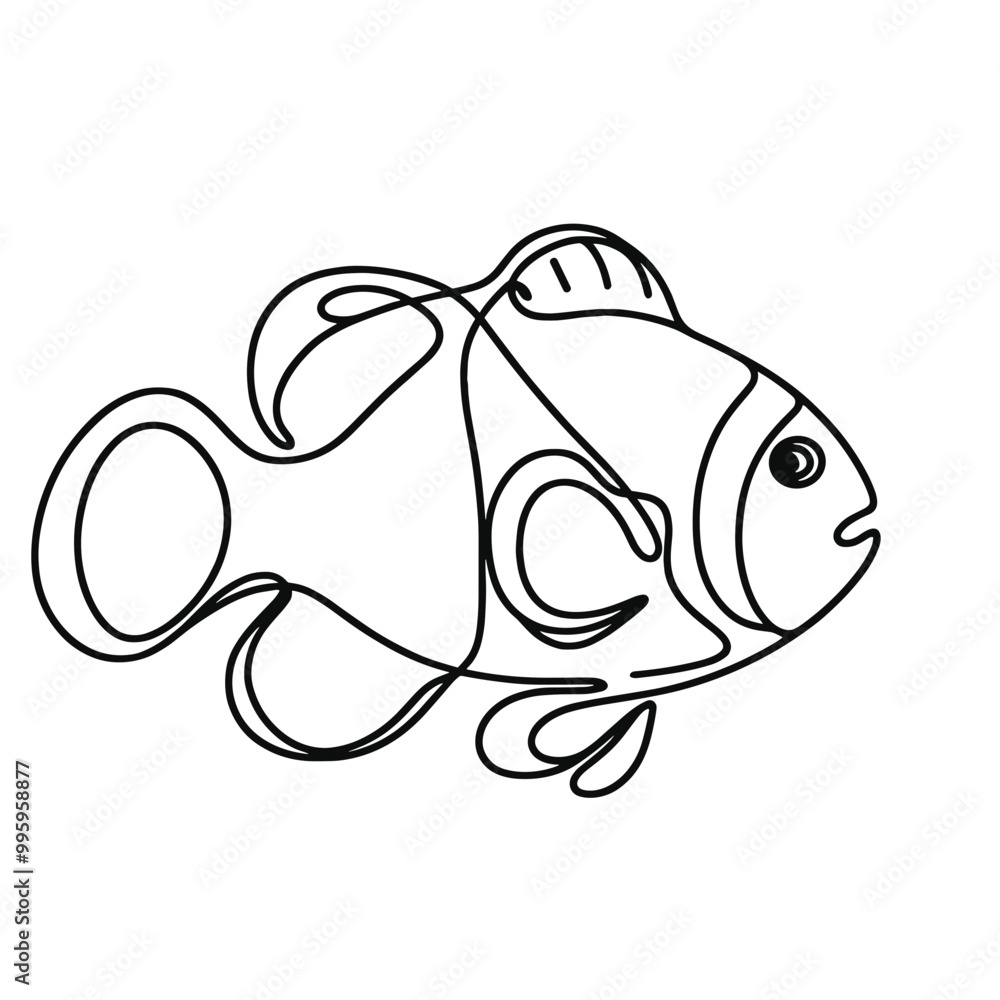 A Clownfish is drawn in a line drawing style. The fish is white and has a black eye A Clownfish is drawn in a line drawing style. The fish is white and has a black eye
