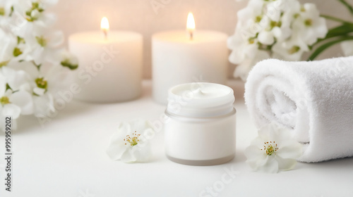 A serene spa setting with candles, essential oils, and fresh flowers surrounding a jar of skincare cream, perfect for wellness and beauty product photography.