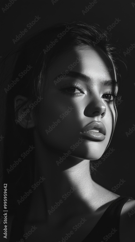 A black and white portrait of a woman with dramatic lighting, her features sharply defined, creating a timeless and classic image A black and white portrait of a woman with dramatic lighting, her features sharply defined, creating a timeless and classic image