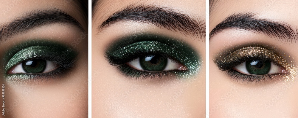 A set of dark grey eyeshadow swatches paired with bold silver and gold glitter, creating a futuristic glittery smokey eye. A set of dark grey eyeshadow swatches paired with bold silver and gold glitter, creating a futuristic glittery smokey eye.
