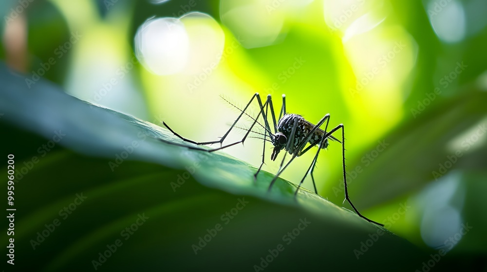 Close-up of mosquito resting on leaf in tropical forest, emphasizing its role in transmitting viruses, shallow depth of field Close-up of mosquito resting on leaf in tropical forest, emphasizing its role in transmitting viruses, shallow depth of field
