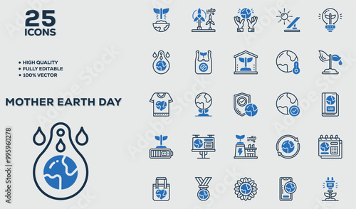 Set of 50 outline icons related to Mother Earth Day. Linear icon collection. Editable stroke. Vector illustration