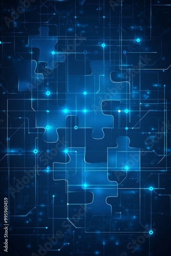 Digital Puzzle Piece on Blue Technology Background, Abstract Problem Solving or Cybersecurity Icon