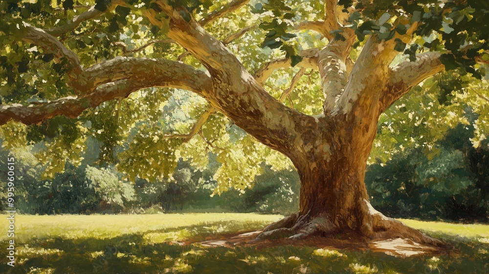 A majestic tree provides shade in a sunlit meadow surrounded by vibrant greenery on a warm summer afternoon A majestic tree provides shade in a sunlit meadow surrounded by vibrant greenery on a warm summer afternoon