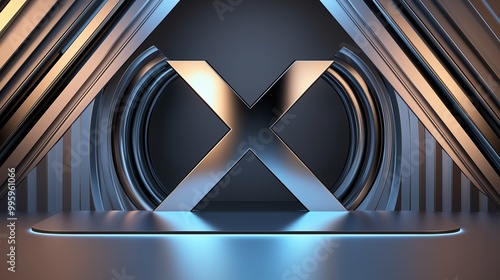  A chrome 'X' symbol reflecting soft blue neon light