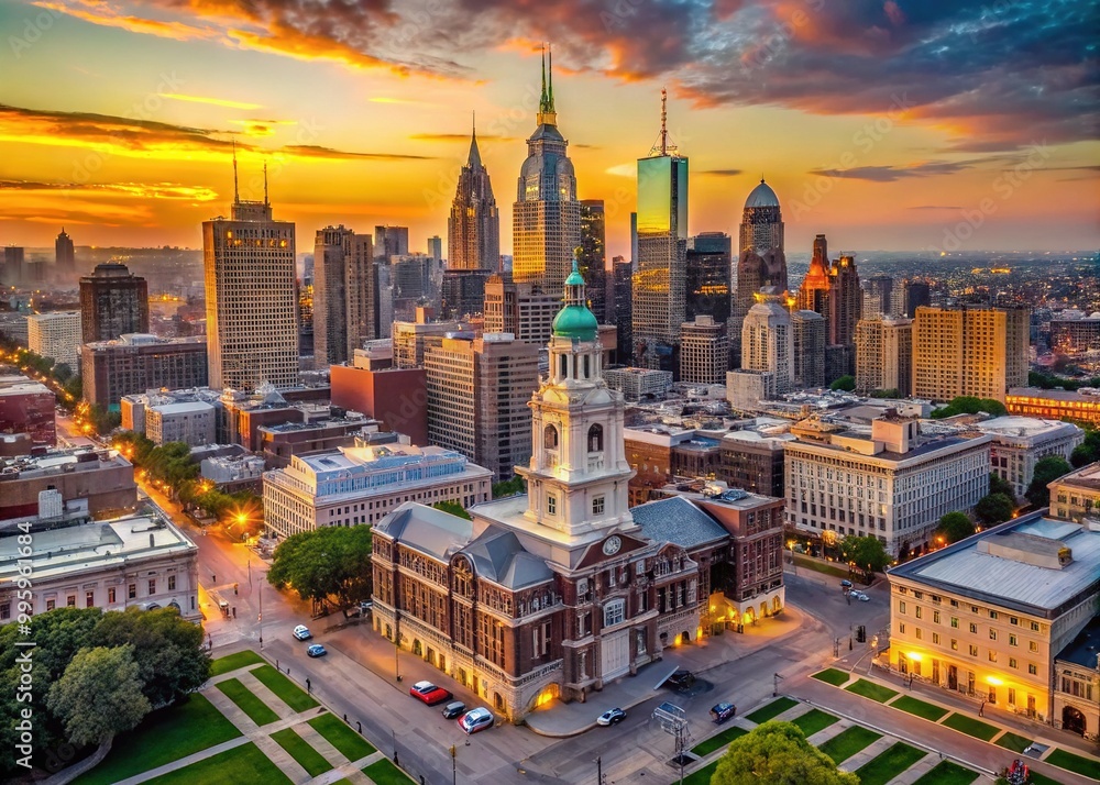 Fototapeta premium Aerial view of Philadelphia's iconic cityscape at sunset, featuring the Delaware River, imposing skyscrapers,