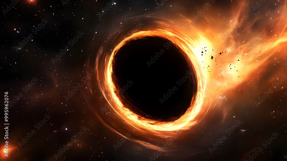 Massive black hole at the center of a swirling galaxy, stars and cosmic debris being pulled into its gravitational abyss, symbolizing destruction and the end of worlds Massive black hole at the center of a swirling galaxy, stars and cosmic debris being pulled into its gravitational abyss, symbolizing destruction and the end of worlds