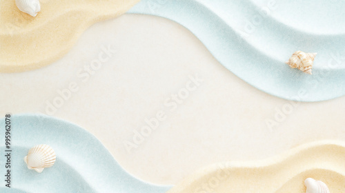 Minimalist border with soft blue and yellow tones, subtle beach wave patterns, and small seashells, ideal for summer events and promotional materials.