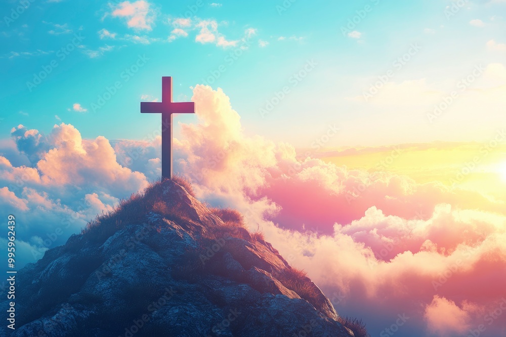 Fototapeta premium Cross of Jesus Christ in the sky with clouds. Christian easter. Conceptual religious symbol. Cross on top of a mountain, on a background of sky, clouds and beautiful sunset, with generative ai