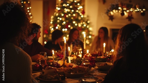 Christmas Family Dinner Celebration with Sparkling Lights