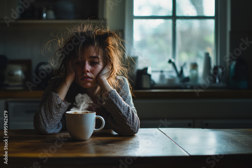 Young woman with disheveled messy hair sitting at kitchen table, drinking coffee drink in the morning