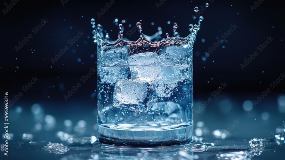 A glass of water with ice cubes splashing. A glass of water with ice cubes splashing.