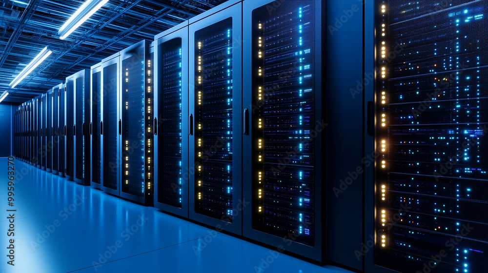 spacious, modern server room filled with rows of illuminated servers and intricate cabling, ambient light highlighting sleek hardware, representing advanced data storage and proces spacious, modern server room filled with rows of illuminated servers and intricate cabling, ambient light highlighting sleek hardware, representing advanced data storage and proces