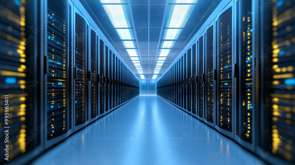 panoramic view of an illuminated server farm with endless rows of servers in a futuristic data center, emphasizing the scale of modern data operations, with copy space, server room panoramic view of an illuminated server farm with endless rows of servers in a futuristic data center, emphasizing the scale of modern data operations, with copy space, server room