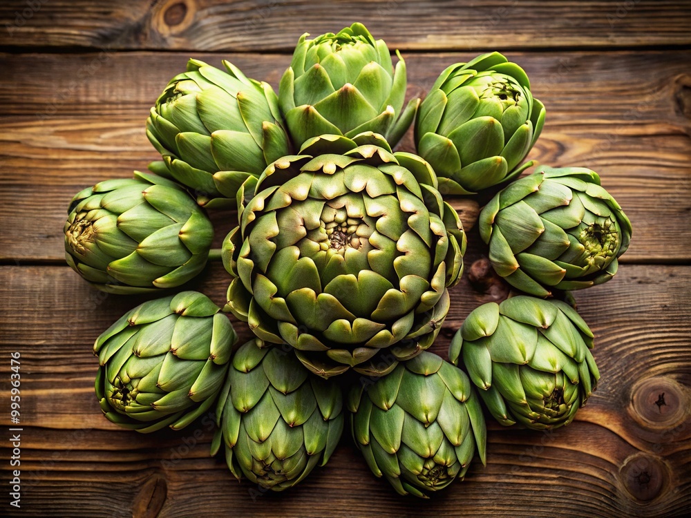 Artichokes, their spiky exteriors and fibrous centers unfold on a wooden table, bathing in warm natural light, their beauty revealed slowly. Artichokes, their spiky exteriors and fibrous centers unfold on a wooden table, bathing in warm natural light, their beauty revealed slowly.