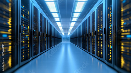 panoramic view of an illuminated server farm with endless rows of servers in a futuristic data center, emphasizing the scale of modern data operations, with copy space, server room