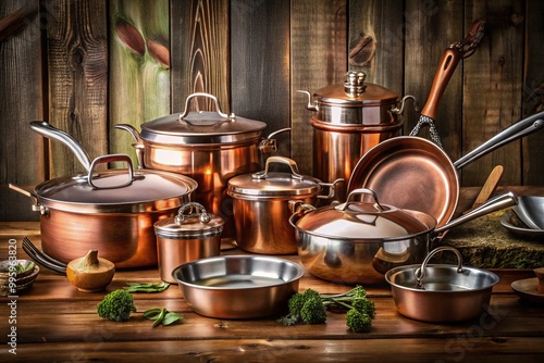 Assorted kitchen cookware, including stainless steel, cast iron, and copper pots and pans, arranged neatly on a rustic wooden table beside a few utensils. photo