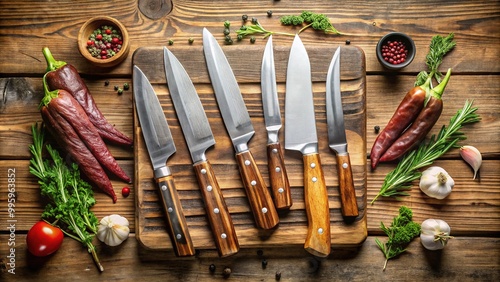 Assorted carving knives with varying blade shapes and sizes, including boning, fillet, and chef's knives, laid out on a rustic wooden cutting board. photo