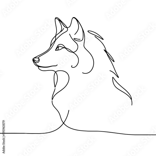 A dog is shown in a black and white drawing. The dog has a long, fluffy tail and a long, pointed snout. The dog is looking to the right