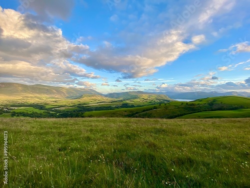 Expansive grassy meadow with distant hills and a bright blue sky with scattered clouds photo