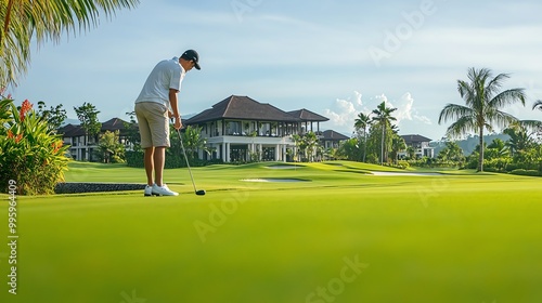 A golfer taking a shot on a golf course with a clubhouse in the background. photo