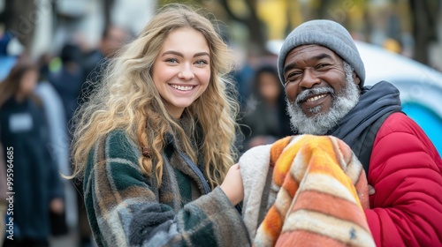 young woman sharing kindness on a new york city street, holding a blanket to donate with an elderly man, in wintertime, as people wait for warm blankets in a cozy green color scheme