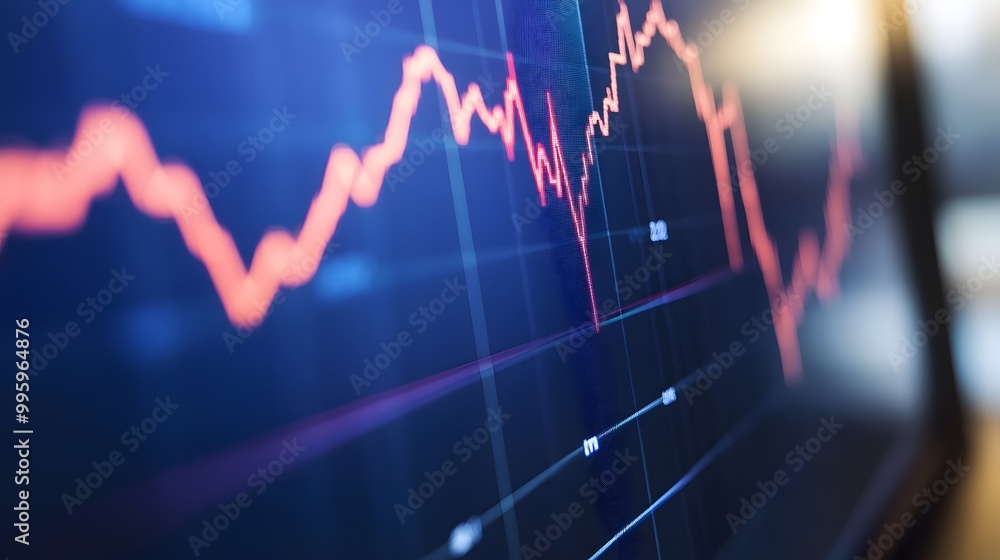 Close-up of digital screen showing downward-trending line graph symbolizing rate cut in financial markets, clean background for copy space, professional financial analysis concept Close-up of digital screen showing downward-trending line graph symbolizing rate cut in financial markets, clean background for copy space, professional financial analysis concept