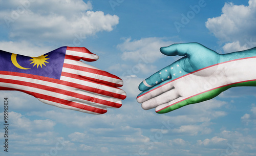 Republic of Uzbekistan and Malaysia country handshaking with flags, consensus concept international co-operation illustration