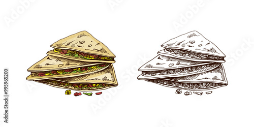 Hand-drawn sketch of quesadilla. Vintage drawing of Mexican dish. Vector black ink outline food illustration. Mexican food, cuisine. An illustration for the menu. Latin America.