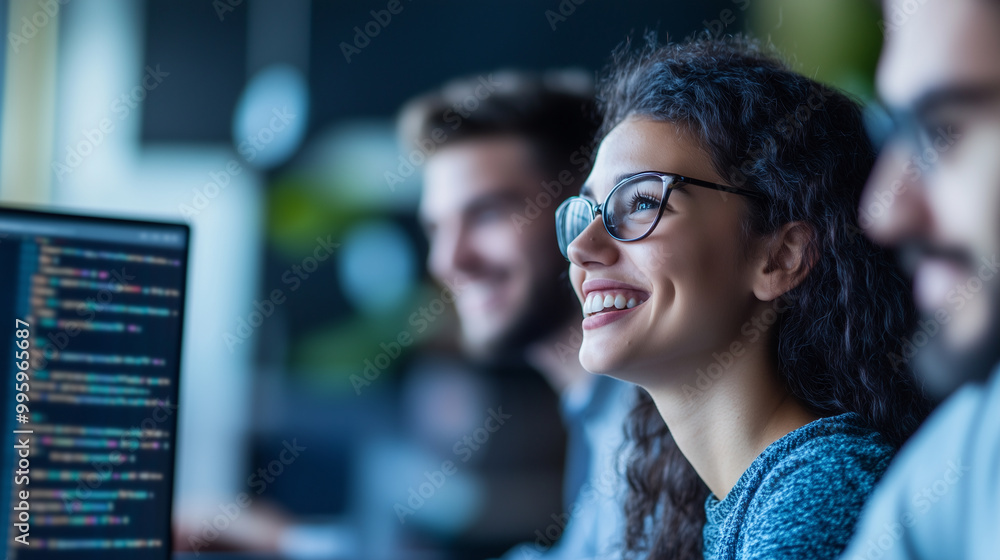 Smiling young colleagues collaborating on code in a tech startup office, energetic atmosphere, diverse coworkers, young business people, technology Smiling young colleagues collaborating on code in a tech startup office, energetic atmosphere, diverse coworkers, young business people, technology